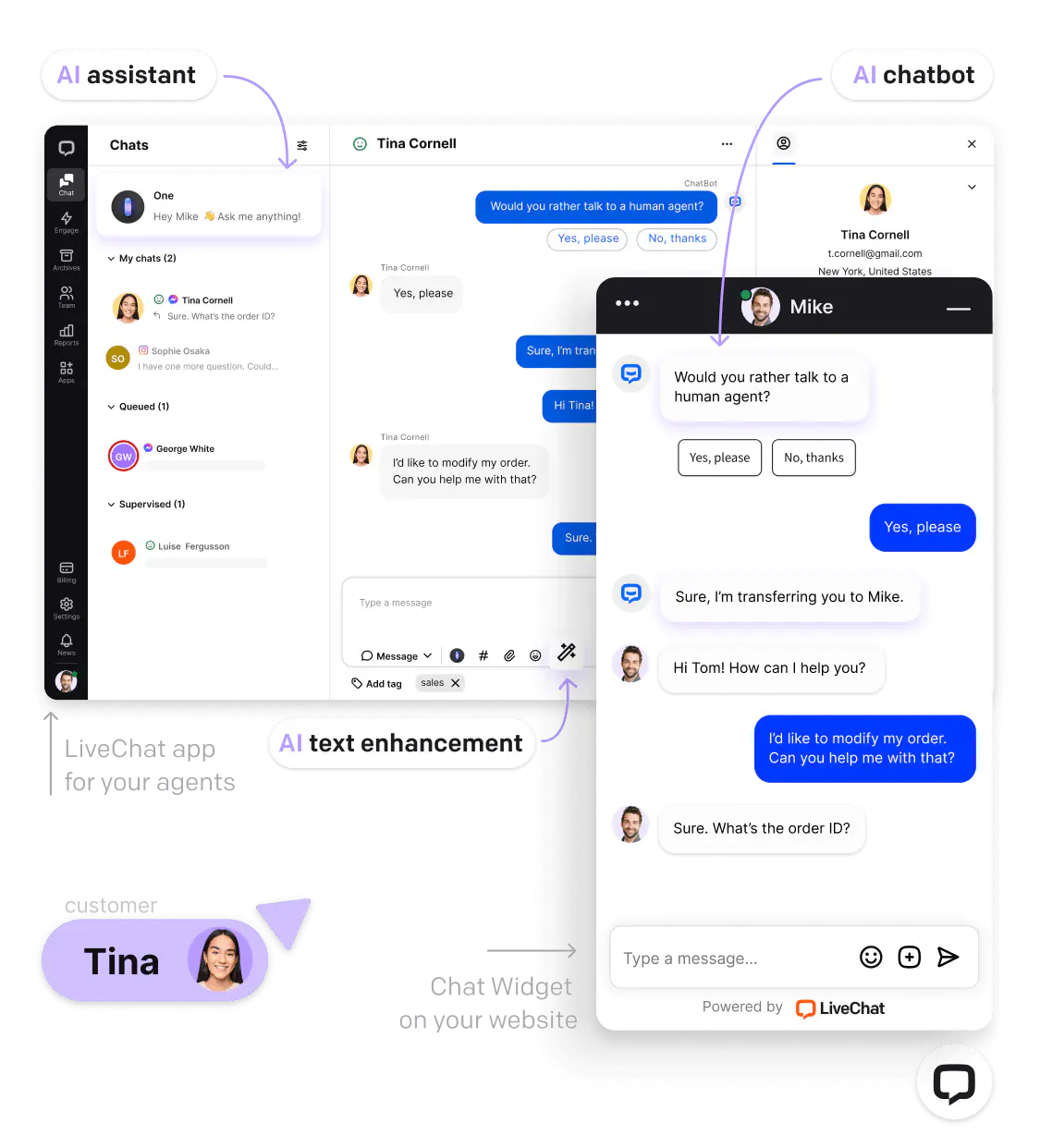 The chat tab within the Live Chat app allows access to One, an AI assistant that enhances work effectiveness, and to chats with customers handled by AI chatbots.
