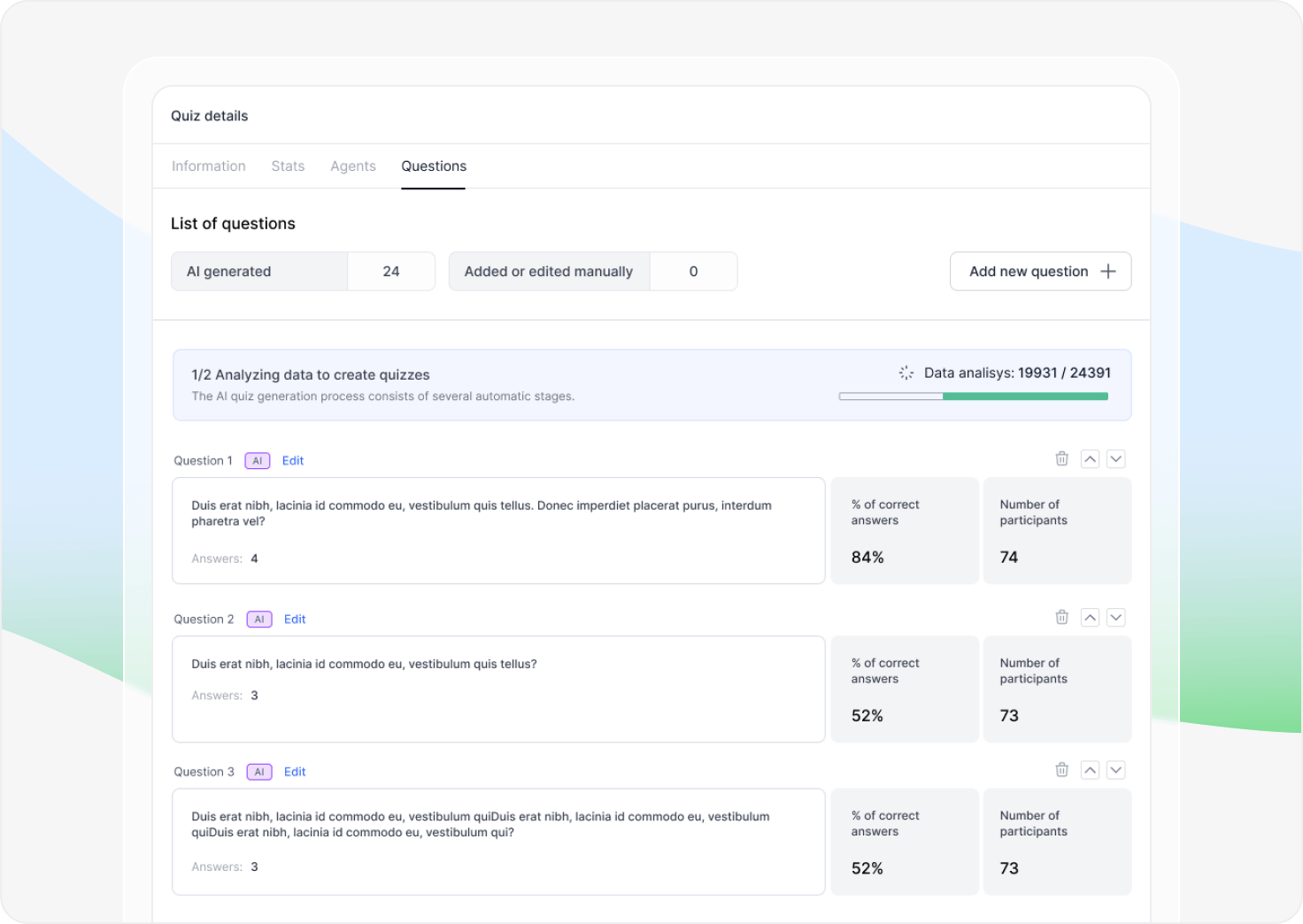 Quiz details and questions in AgentTrainer