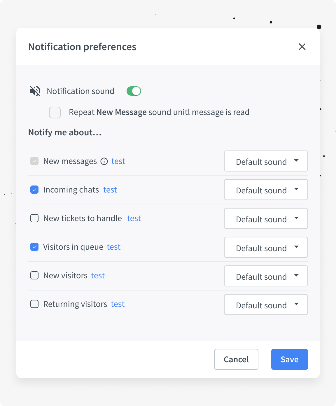 Notification preferences view in LiveChat app