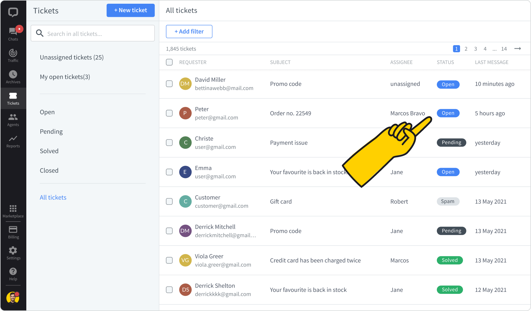 Tickets workflow in LiveChat® app