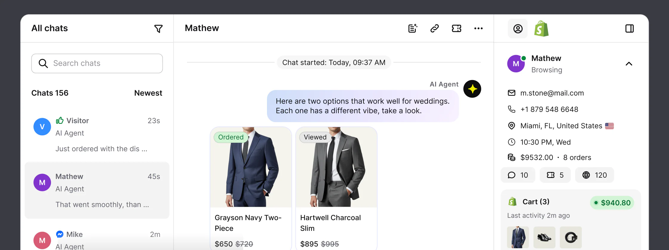 The AI Agent suggesting two wedding suits in the Text inbox, with the customer profile, order history, and Shopify cart alongside the conversation