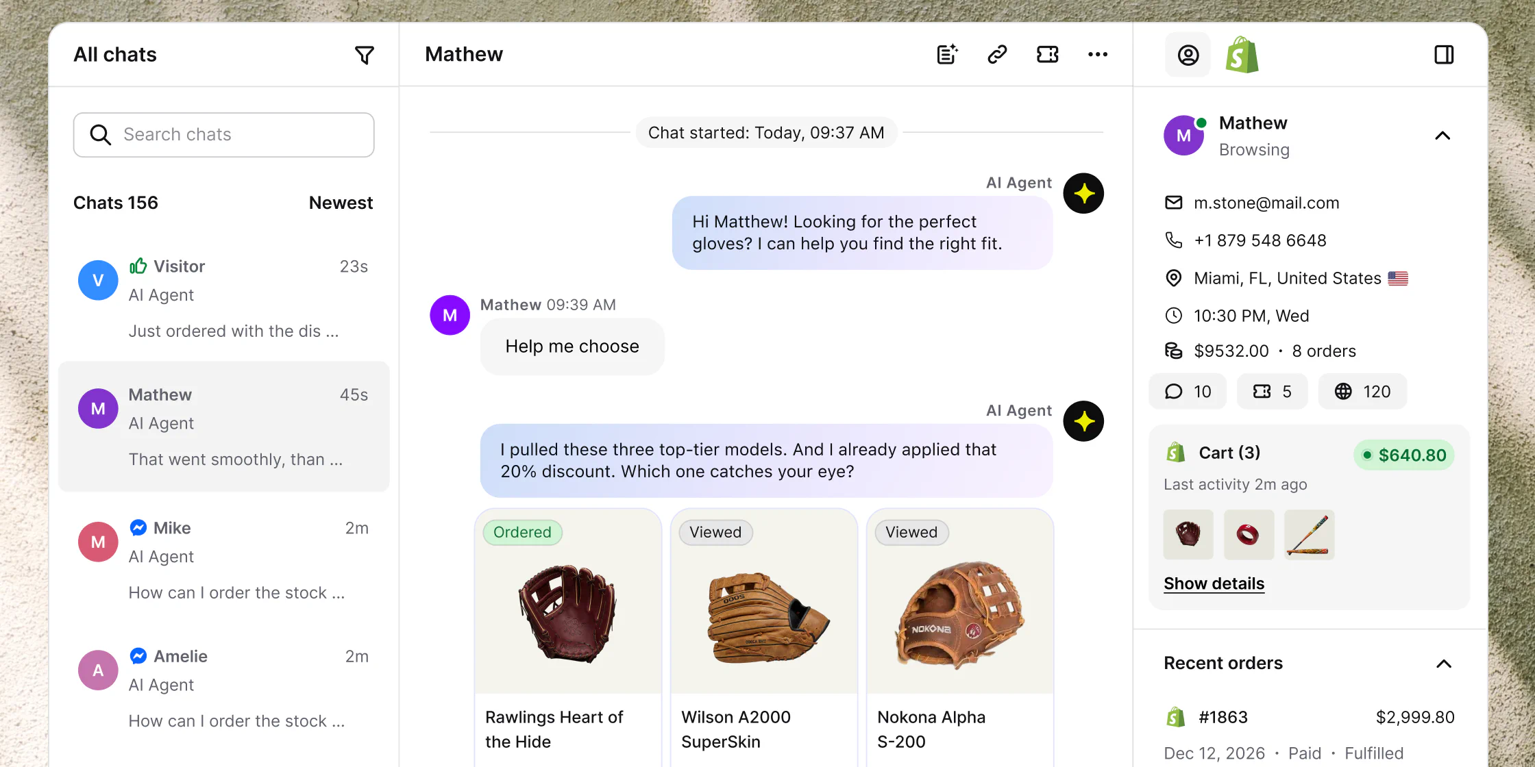 The Text inbox showing an AI Agent helping a shopper choose a glove, with the customer profile, cart, and recent orders alongside the conversation