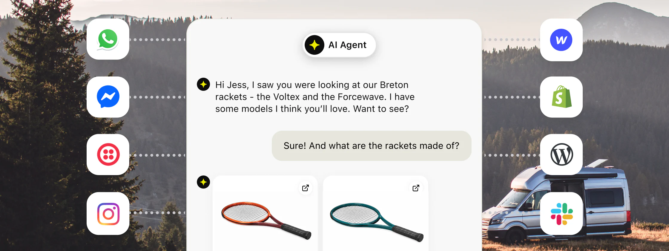 WhatsApp, Messenger, Twilio, Instagram, Webflow, Shopify, WordPress, and Slack connected to one AI Agent conversation