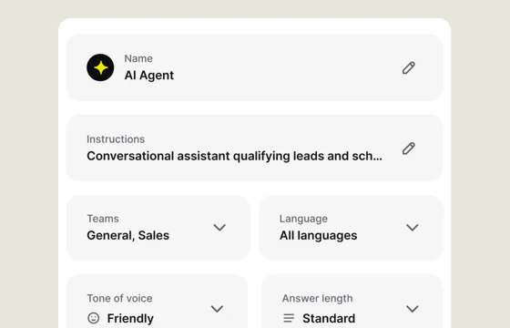 AI Agent settings for instructions, team, language, tone of voice, and answer length