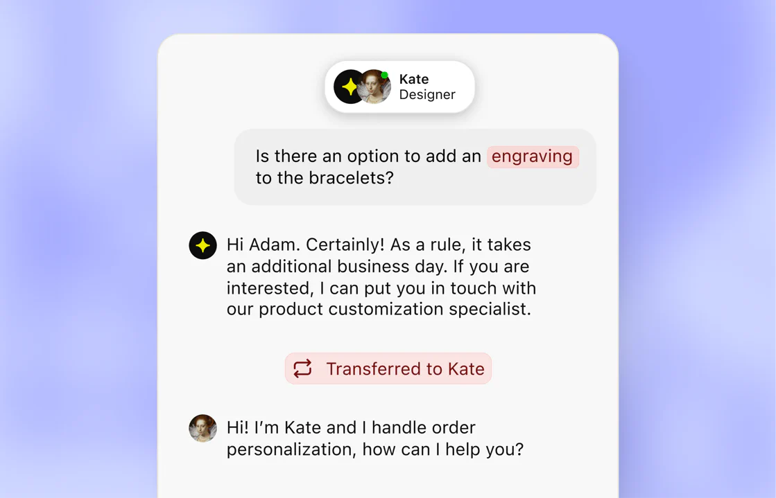 AI Agent transferring a product question to a human teammate