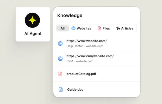 AI Agent knowledge panel with website, file, and article sources