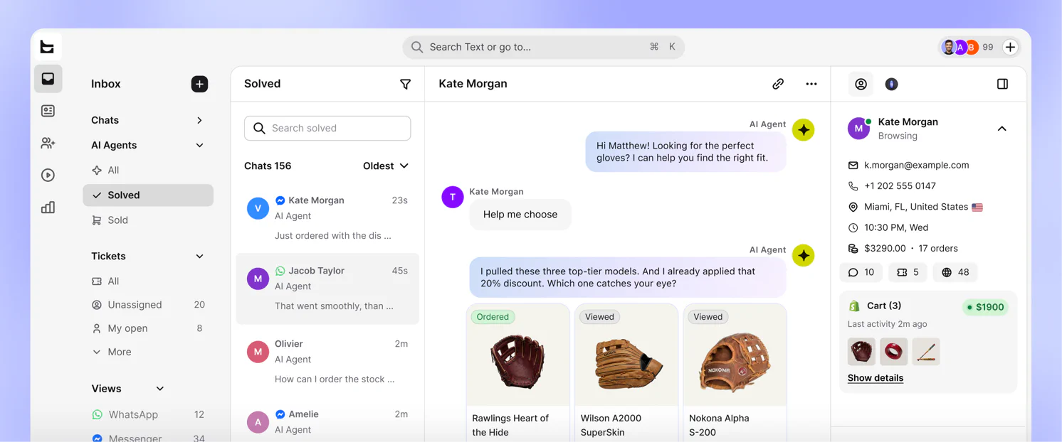 Text inbox with AI Agent conversations and customer details