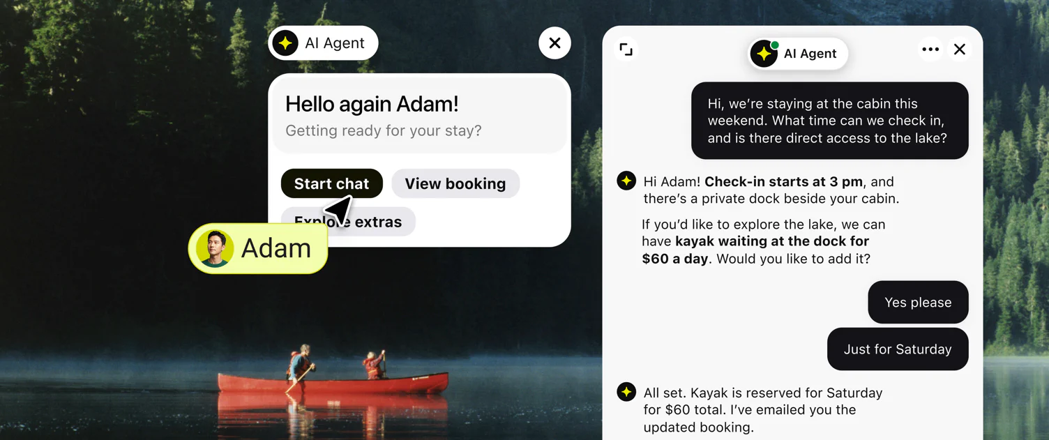 Text AI Agent answering a cabin guest's check-in question and booking a kayak
