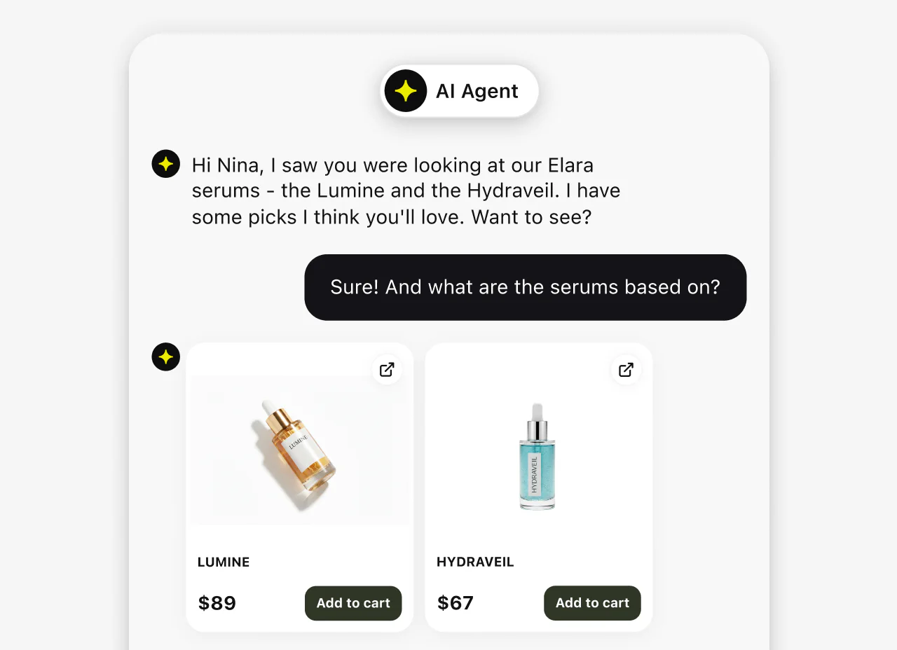AI agent recommending two serum products with add to cart buttons inside a chat
