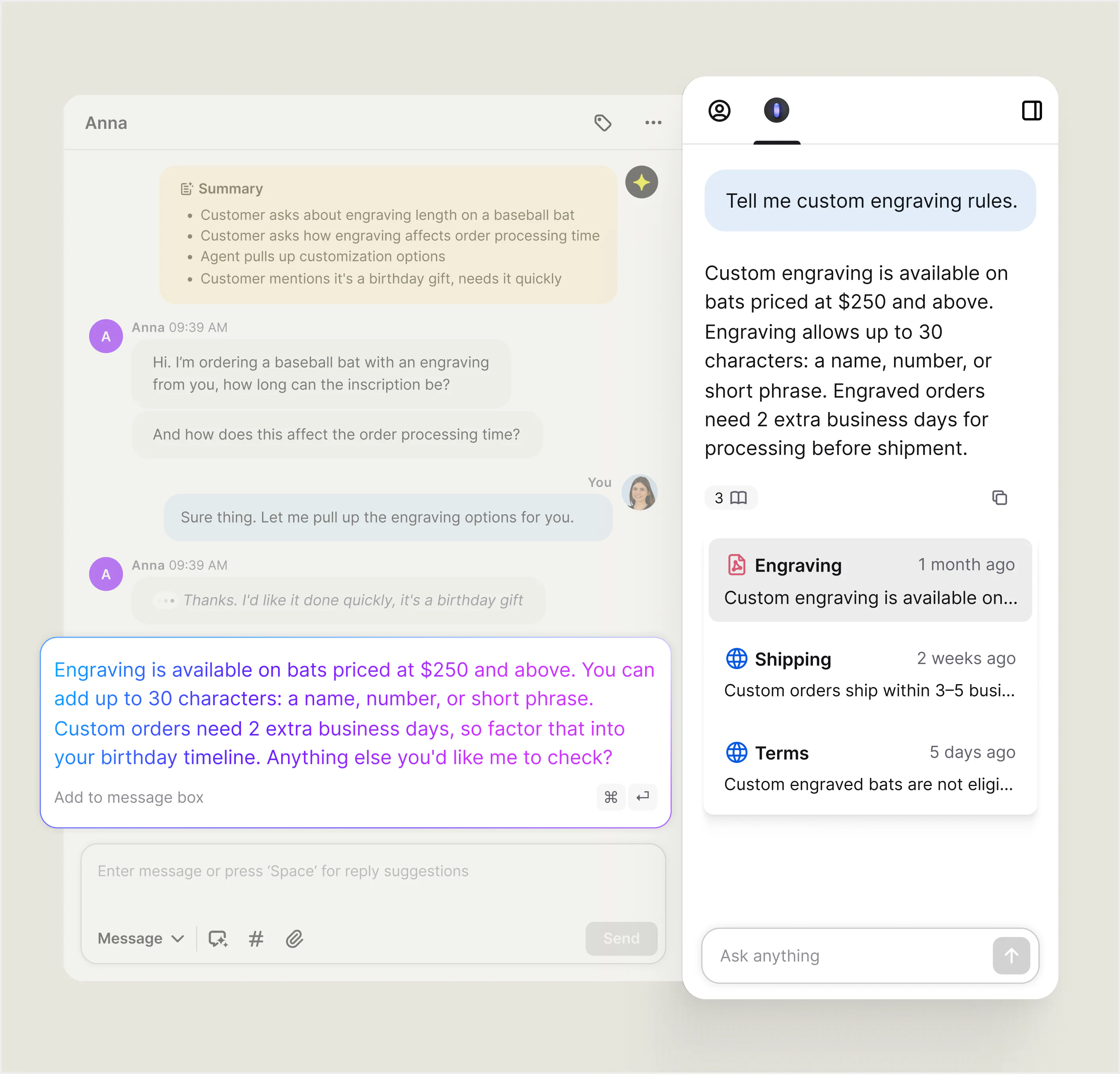 AI Copilot suggesting a reply about custom engraving alongside a conversation summary and source documents