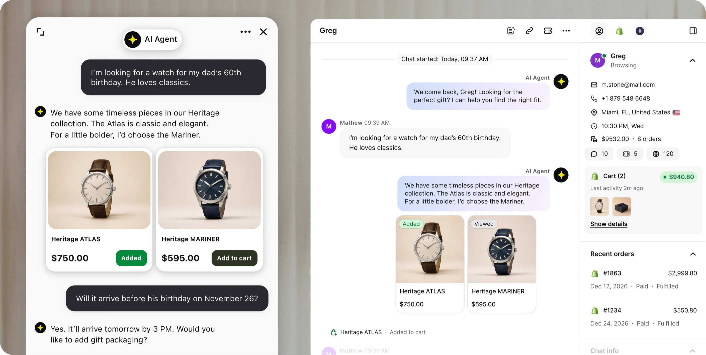 AI Agent recommending watches in a website chat alongside a customer conversation in the Text workspace