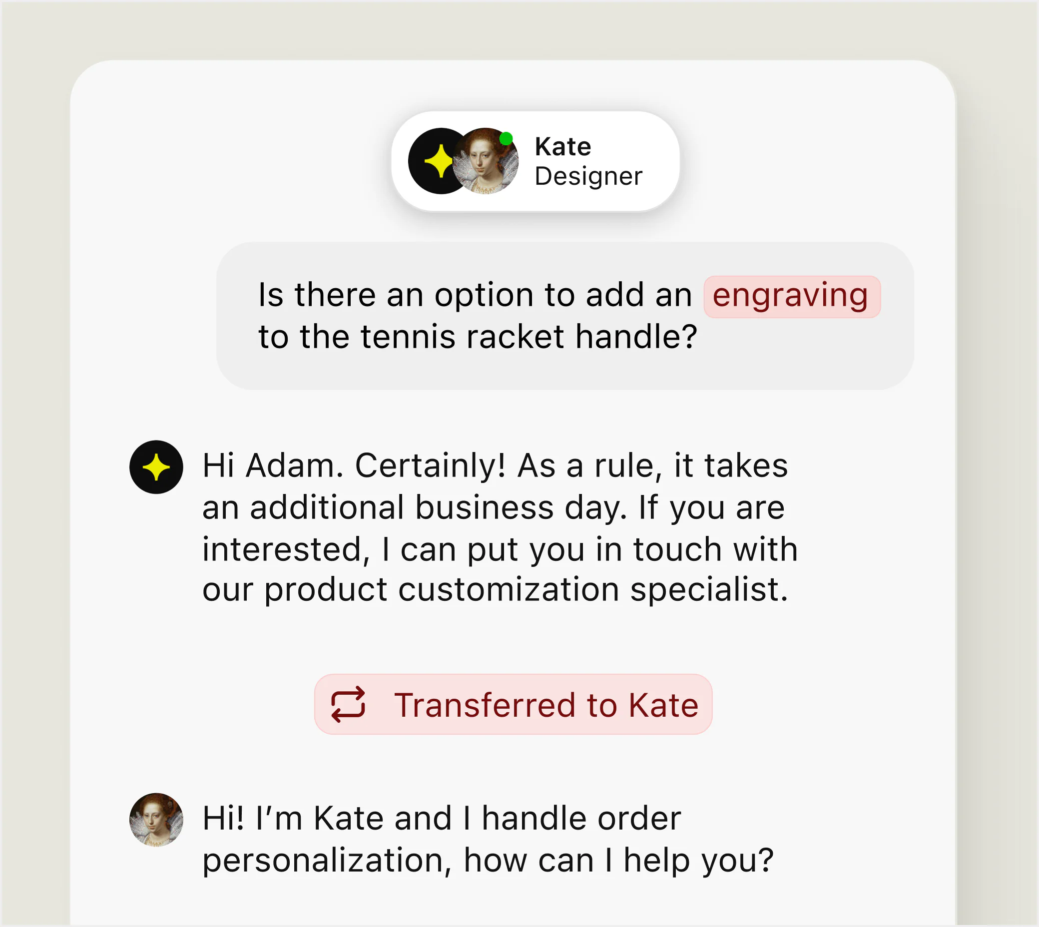 AI Agent transferring a product question to a human specialist