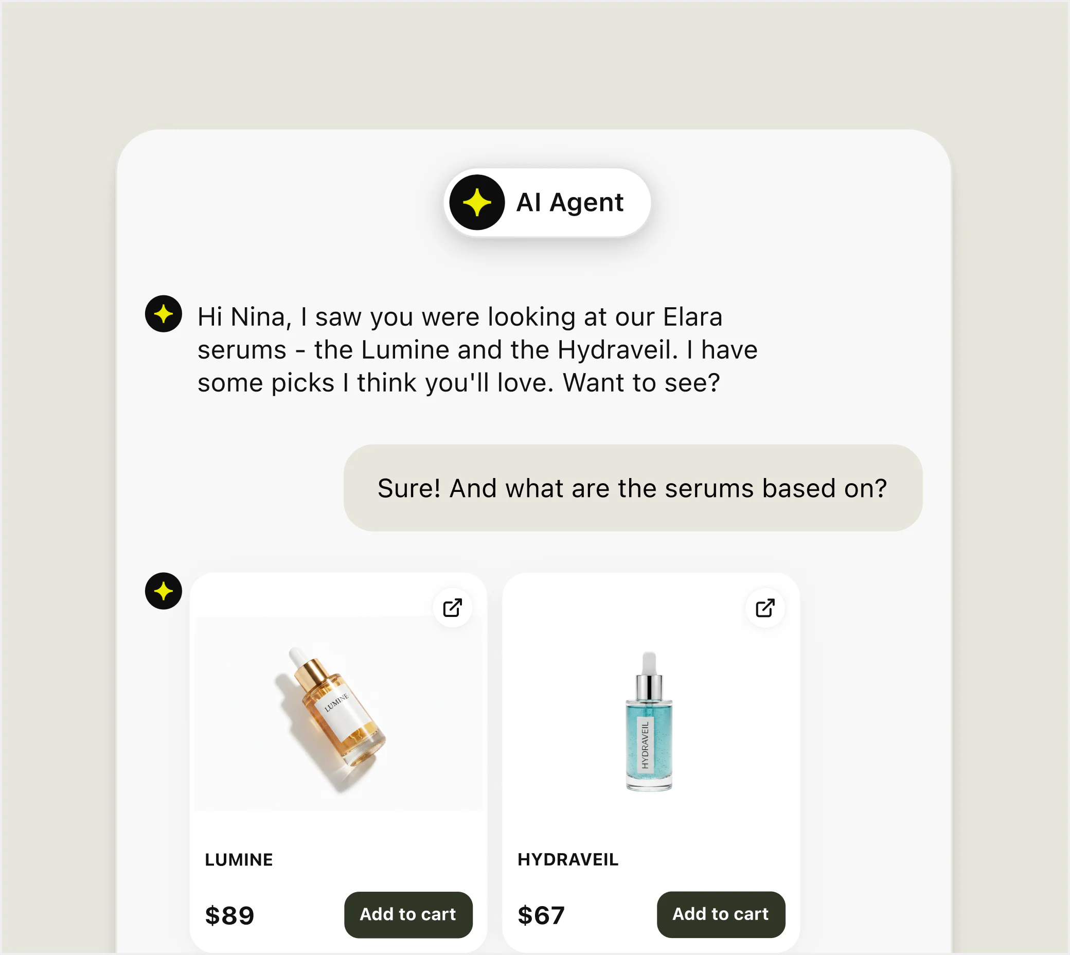 AI Agent suggesting skincare products in a shopping conversation