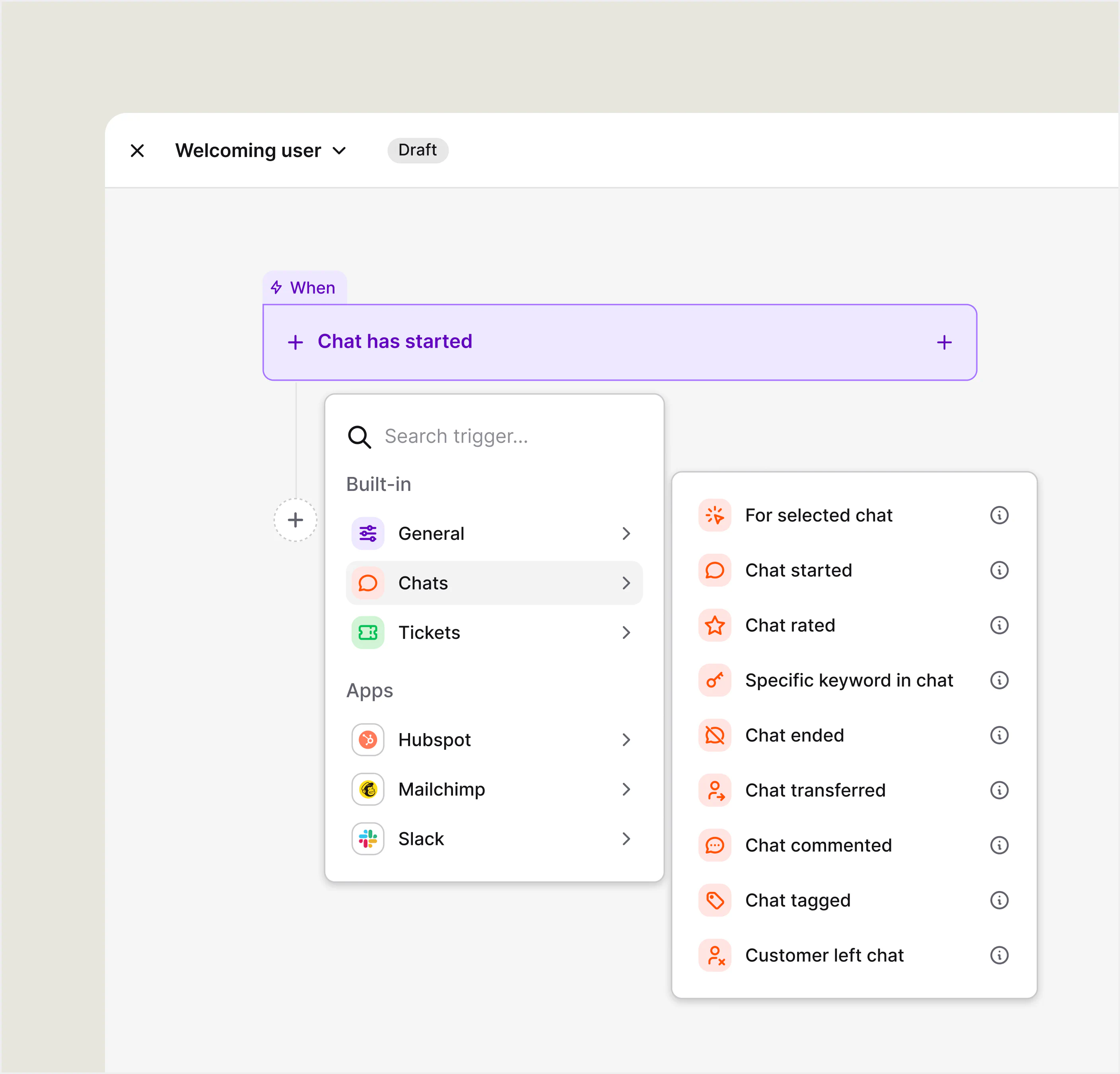 Text workflow builder with chat triggers and connections to HubSpot, Mailchimp, and Slack