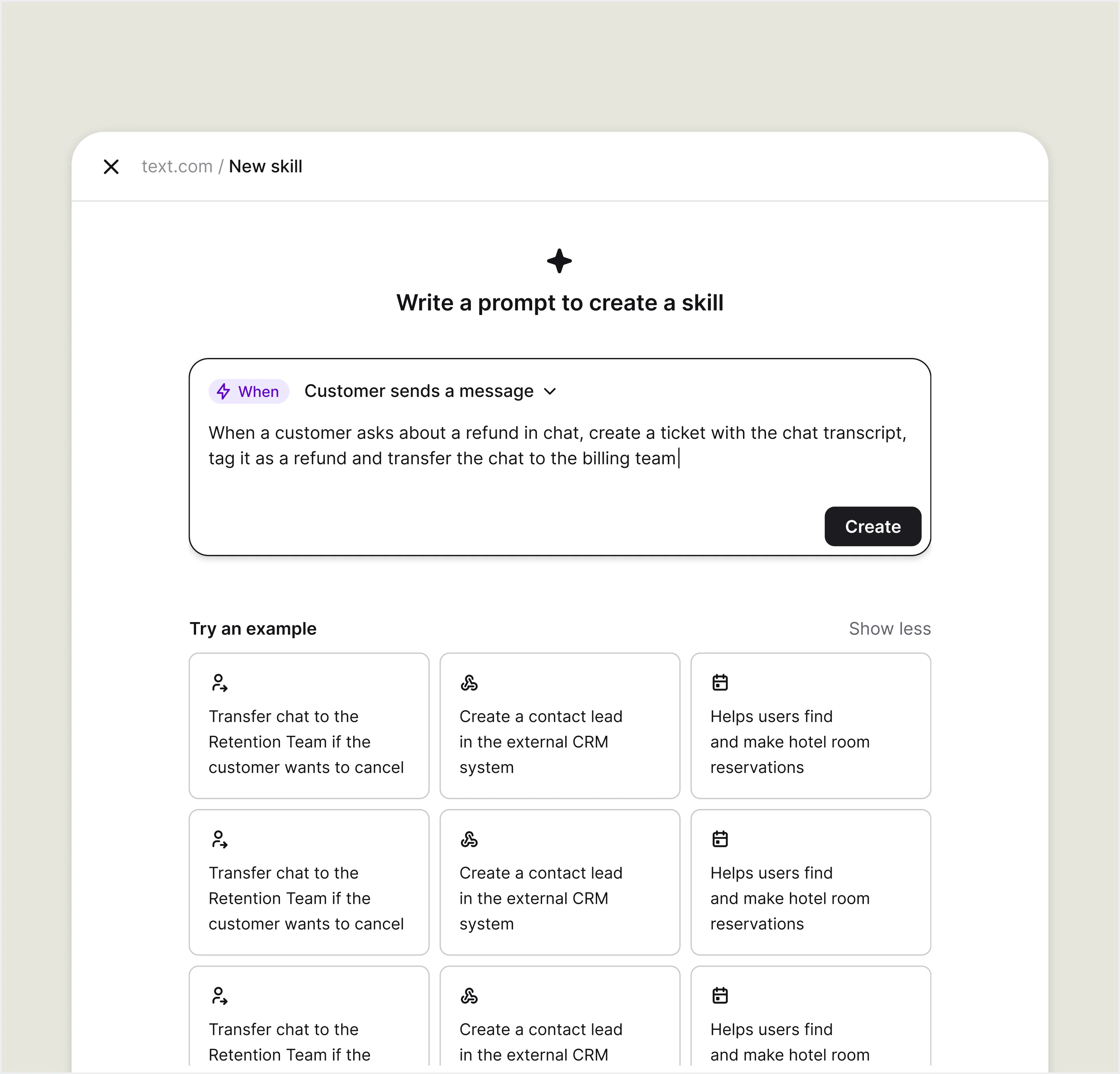 Text skill builder creating a refund ticket and transferring the chat to the billing team