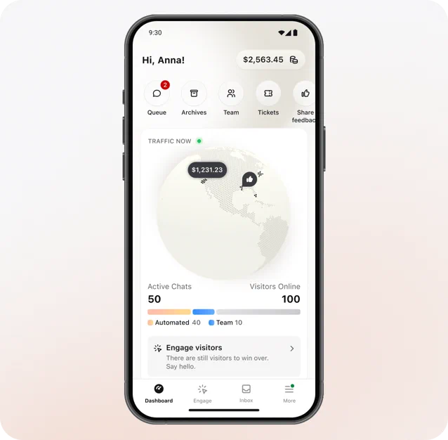 Text Android dashboard showing team activity and sales