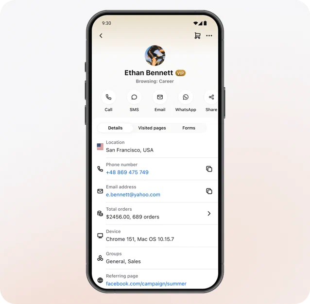 Customer contact details and visited pages in Text for Android