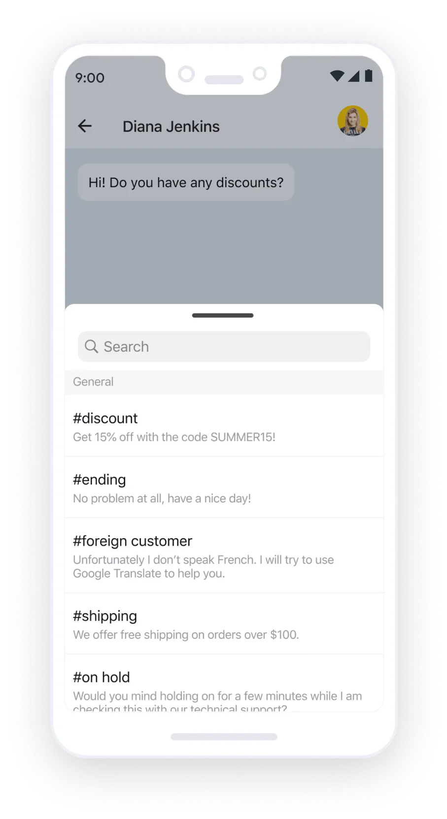 Canned responses interface on LiveChat Android app