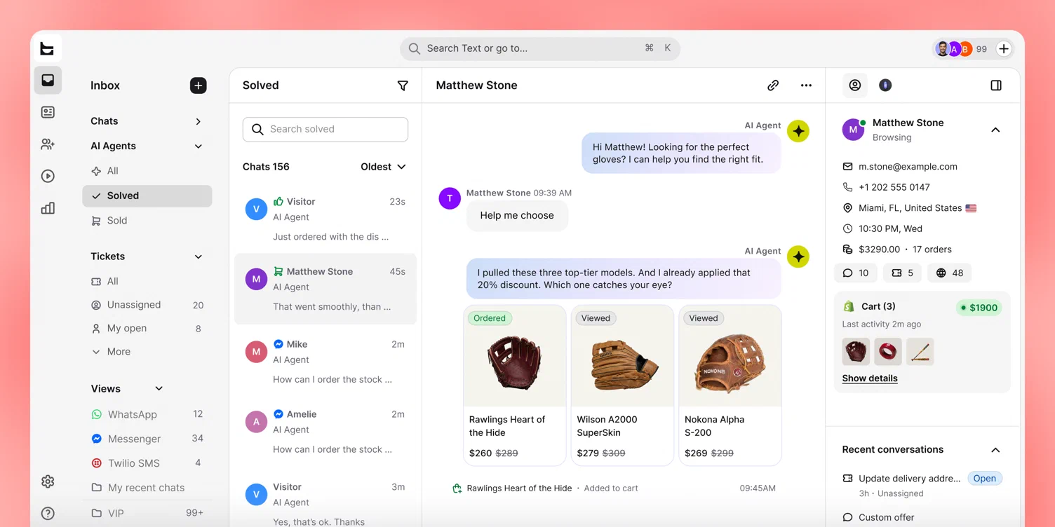 Text app showing a customer conversation and product recommendations