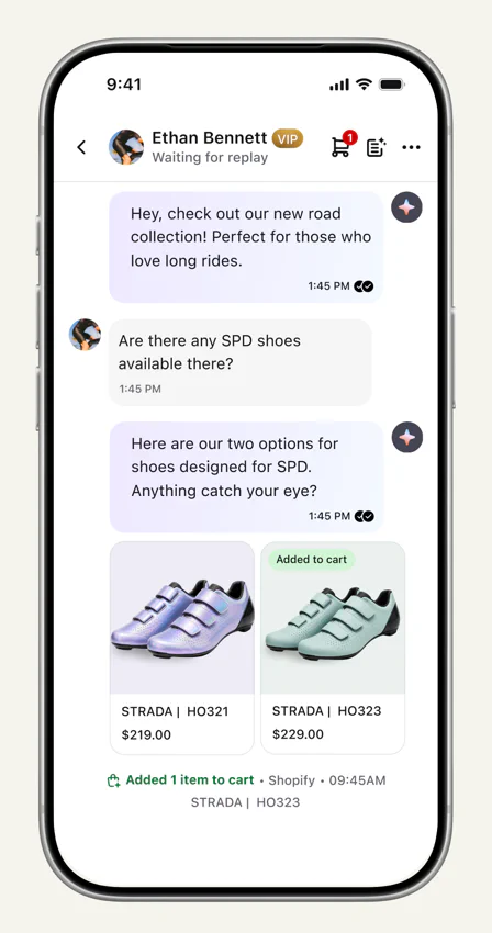 Text mobile app showing a customer conversation and product recommendations