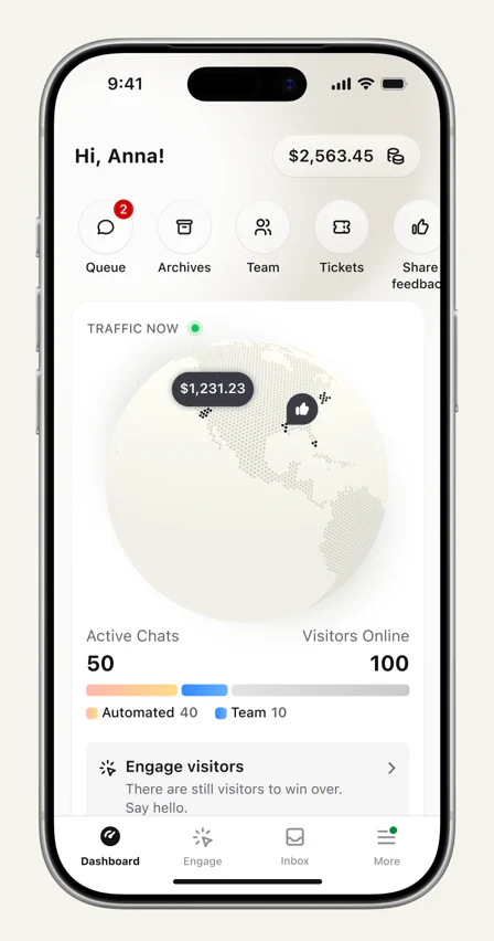 Text mobile dashboard showing live visitors, active chats, and team activity