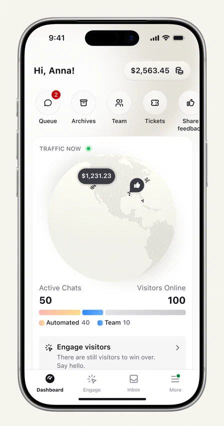 Text mobile dashboard showing live visitors, active chats, and team activity