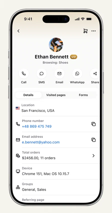 Text mobile customer profile showing contact details and order history