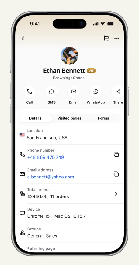 Text mobile customer profile showing contact details and order history