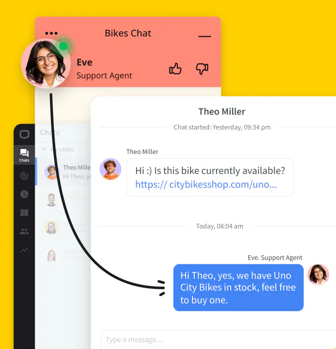 LiveChat dashboard with a product recommendation sent asynchronously to a customer by support agent