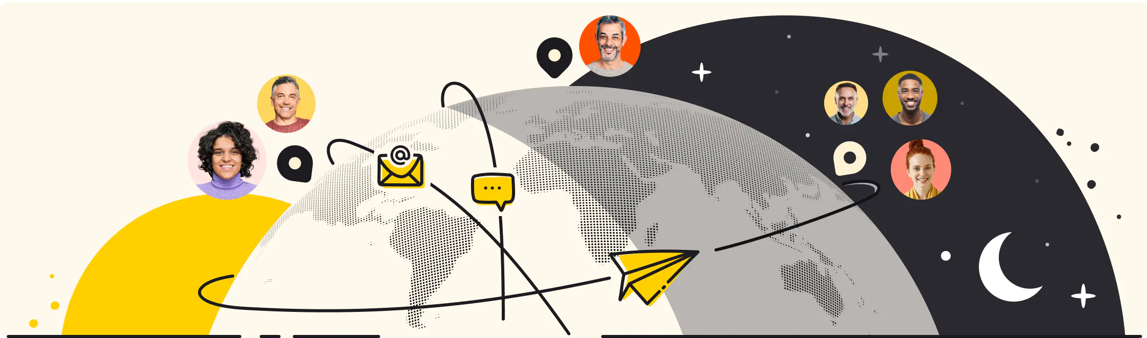 Illustration of the worldwide asynchronous communication between people form different countries and time zones