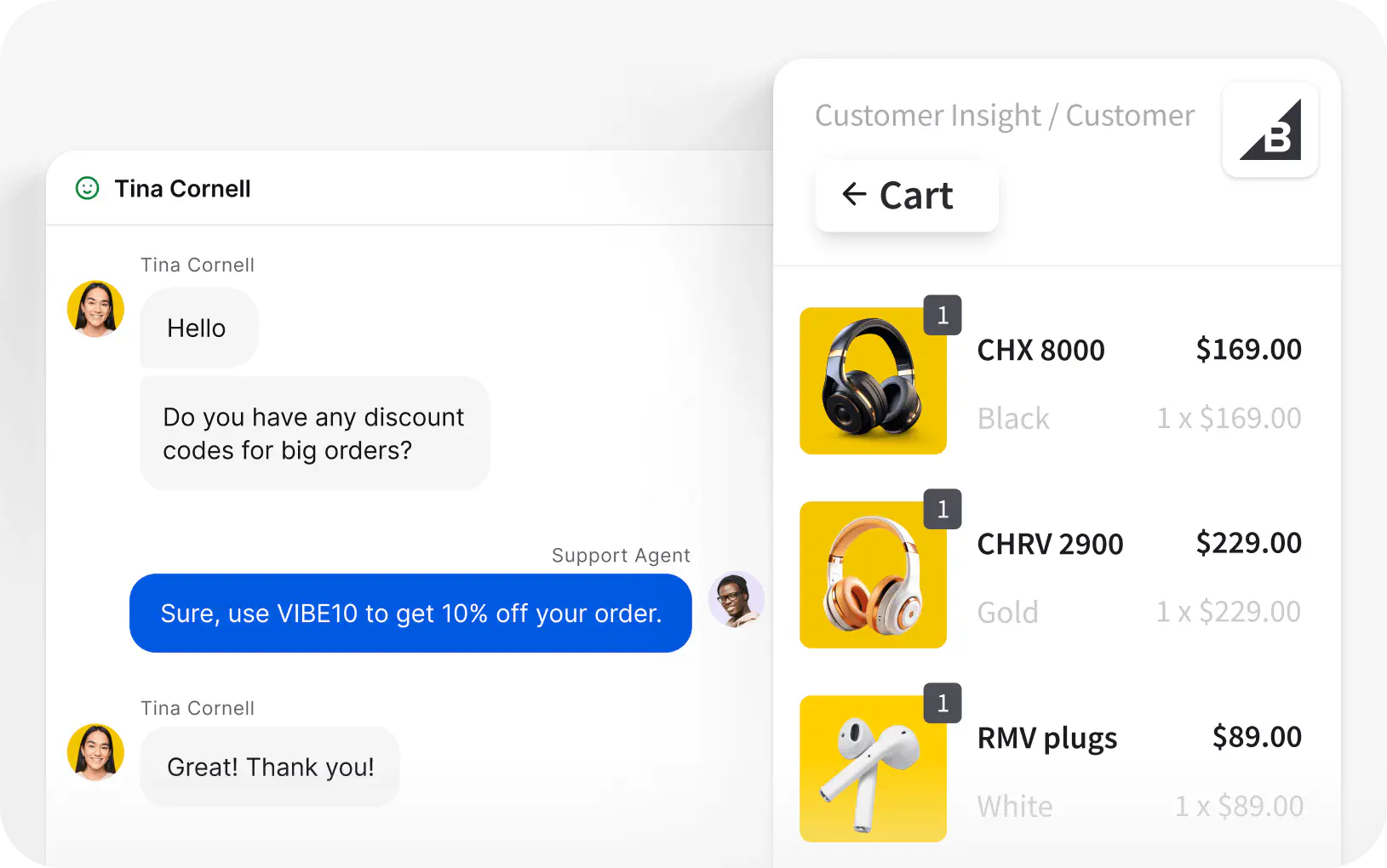 Customer details and cart preview in live chat