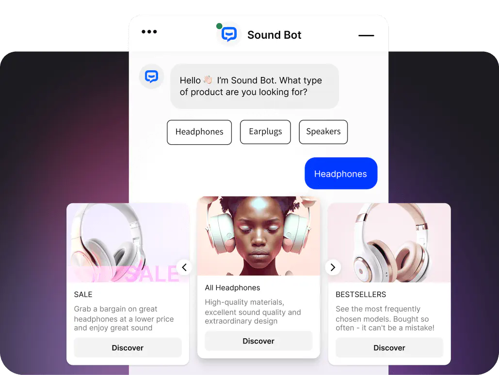 ChatBot, integrated with the Live Chat widget, sends a welcome message with buttons suggesting topics for starting the chat, and upon the user's selection, an AI bot replies with a rich message containing a carousel of product recommendations, complete with images, descriptions, and links.