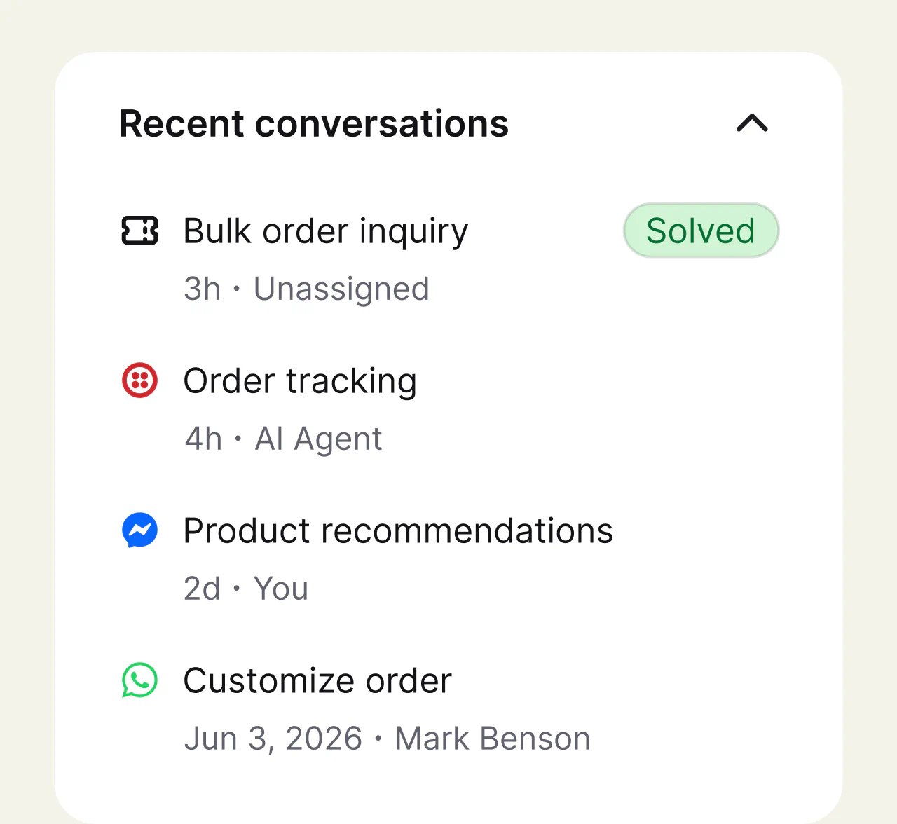 Recent conversations handled by teammates and Text's AI Agent