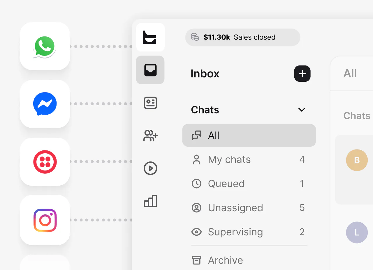 Website chat, WhatsApp, Messenger, Twilio SMS, and Instagram beta connected to one Text Inbox