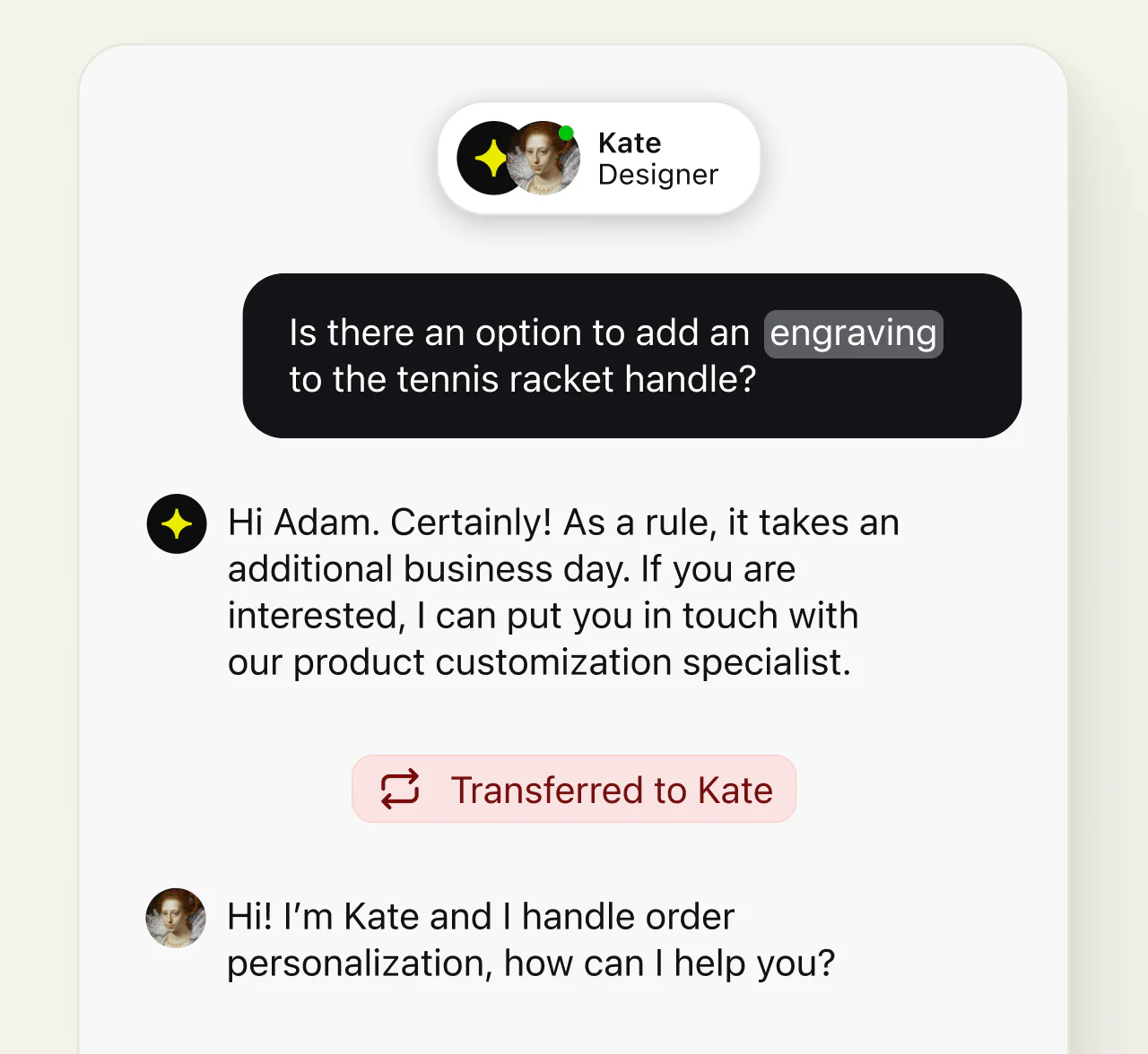 A customer conversation transferred from AI Agent to a human teammate