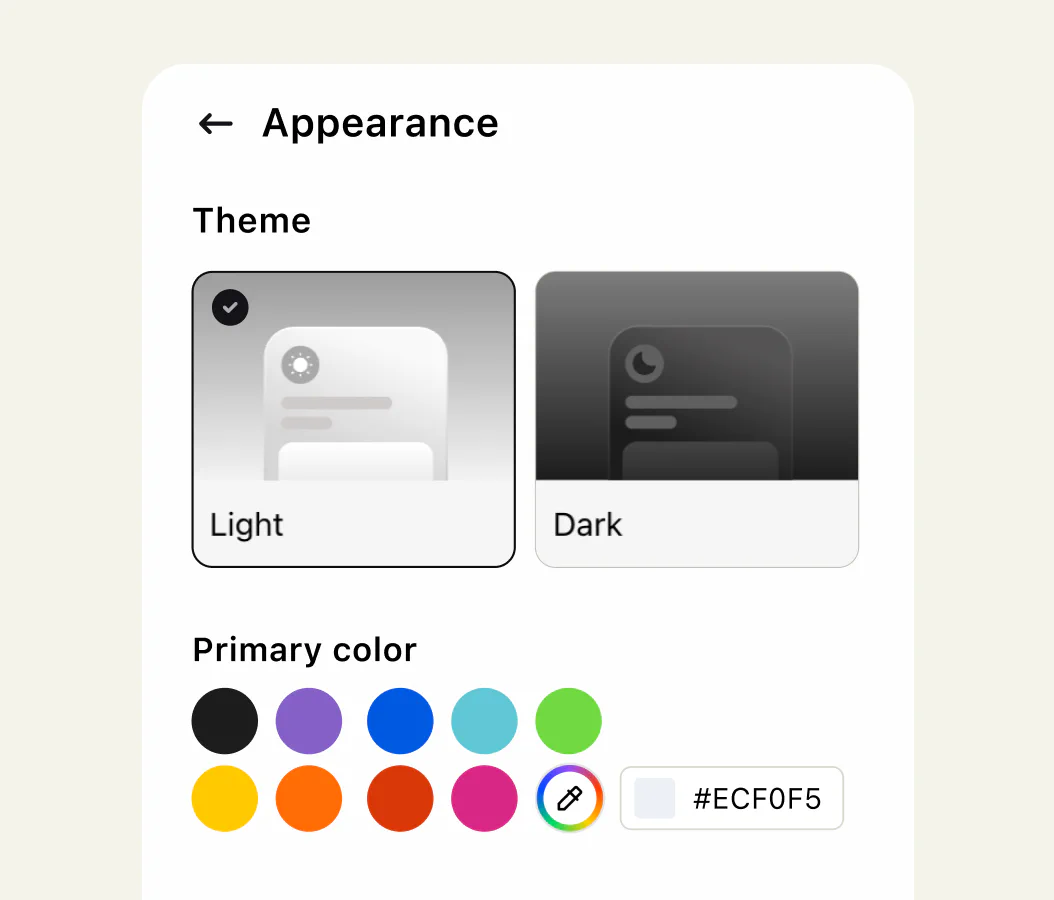 Chat widget appearance settings for themes, colors, and background