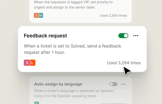 A ticket rule that requests feedback one hour after a ticket is solved