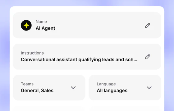 AI Agent settings with custom instructions, teams, and language options