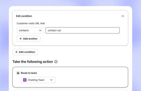 A routing rule sending visitors from a contact page to the chatting team