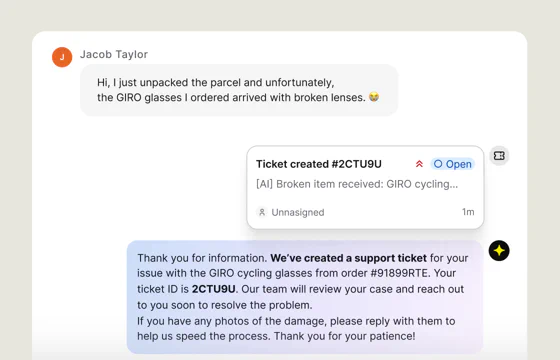 AI Agent creating a support ticket for broken glasses during a chat