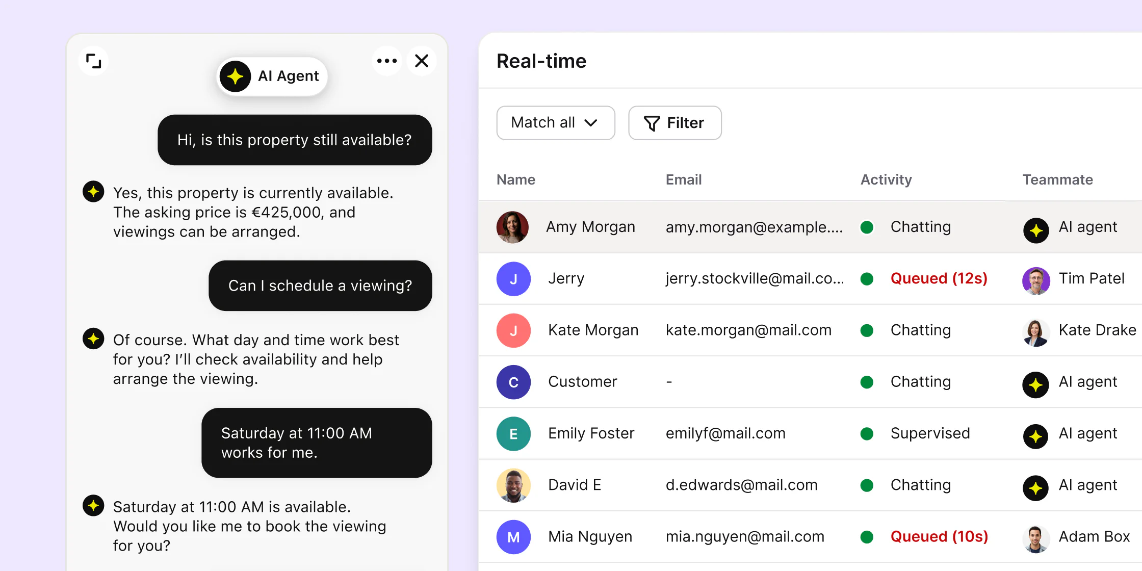 Text AI Agent conversation beside a real-time customer queue managed by AI and human teammates