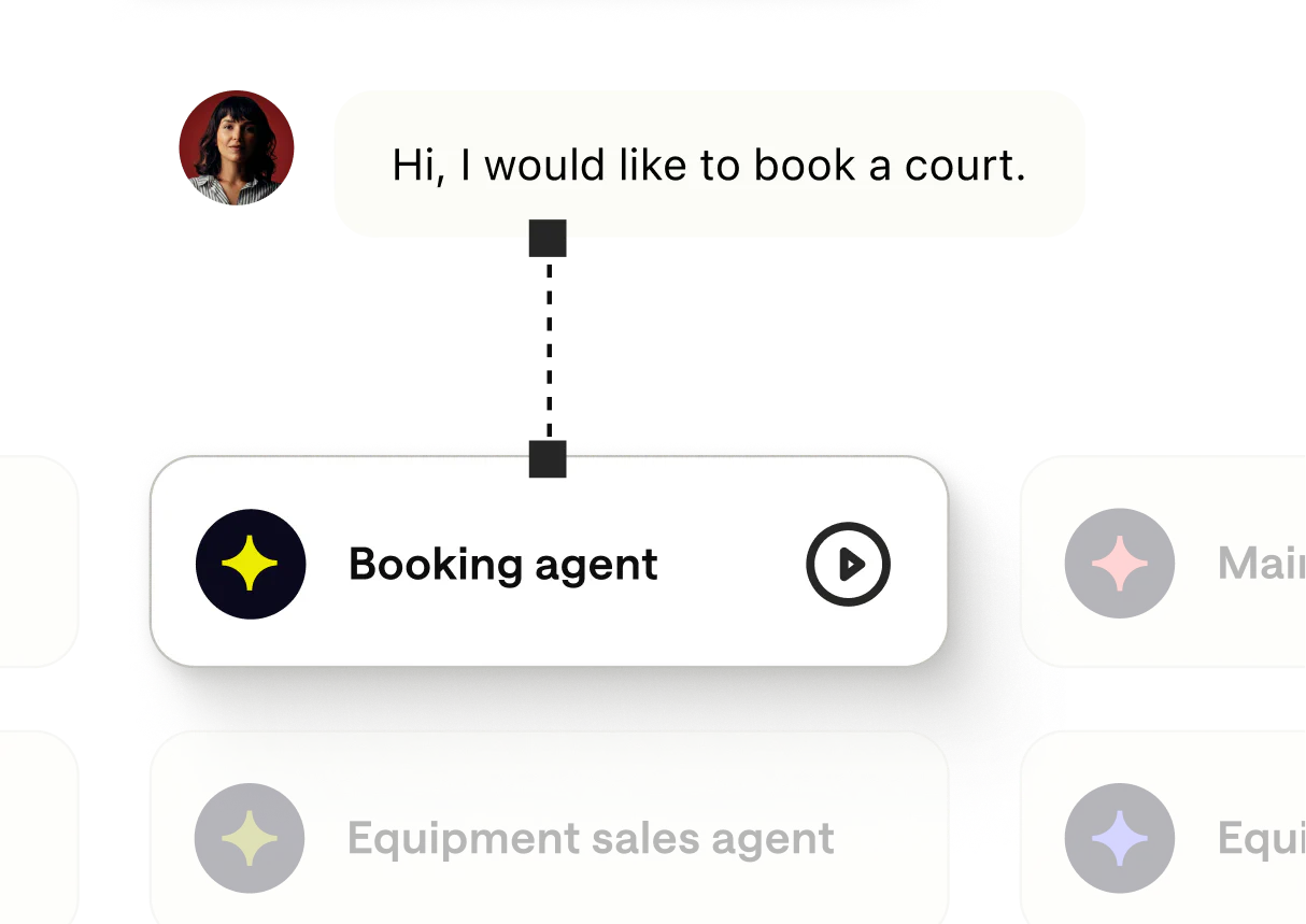 An incoming court-booking request being routed to a specialized AI booking agent