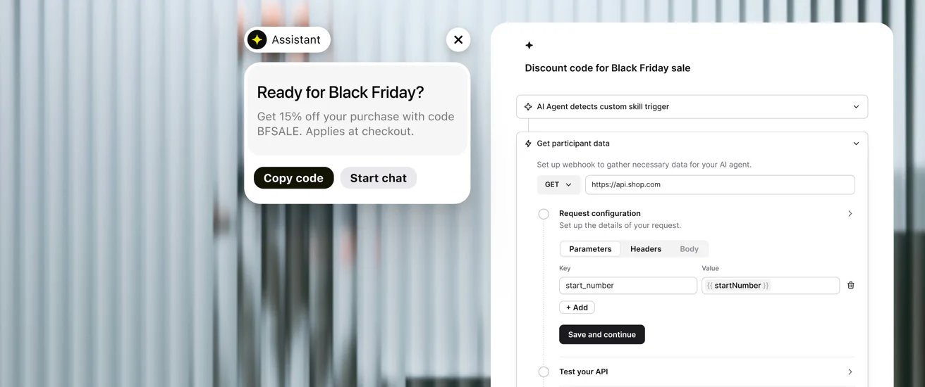 A custom AI Agent Skill with a webhook request and API test, next to a discount offer it sends in chat