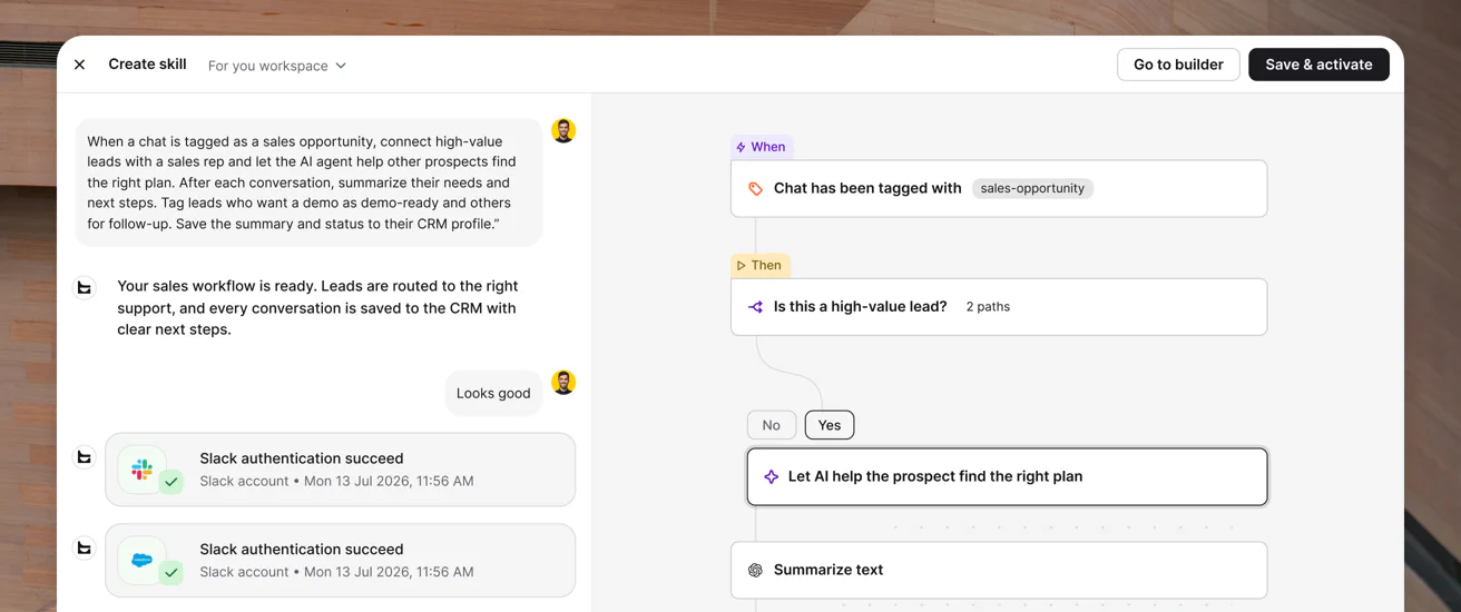 Creating a Text Skill from a prompt: when a chat is tagged as a sales opportunity, AI helps the prospect find the right plan, summarizes the chat, and updates the CRM profile