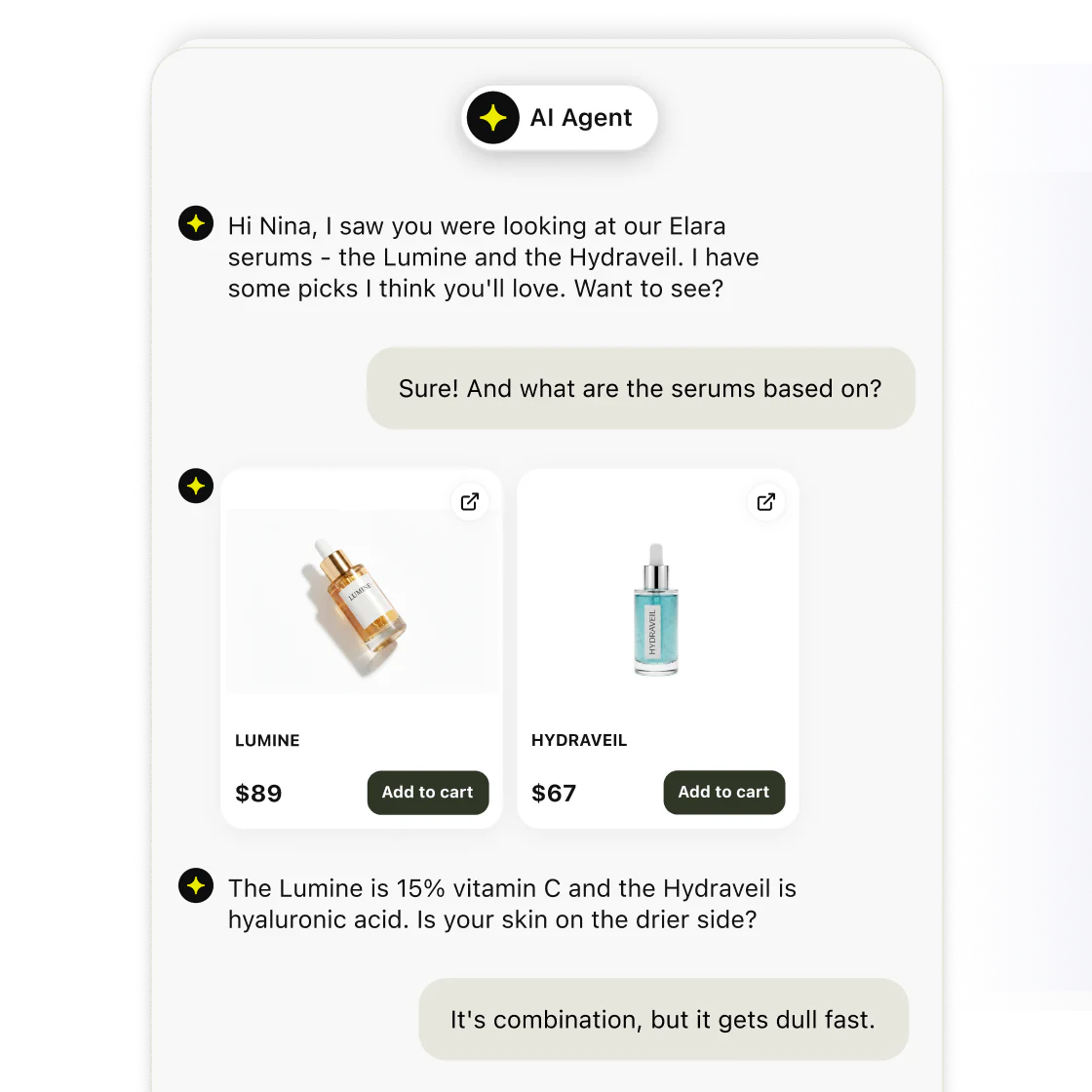 Text AI Agent recommending products to a customer using approved business knowledge