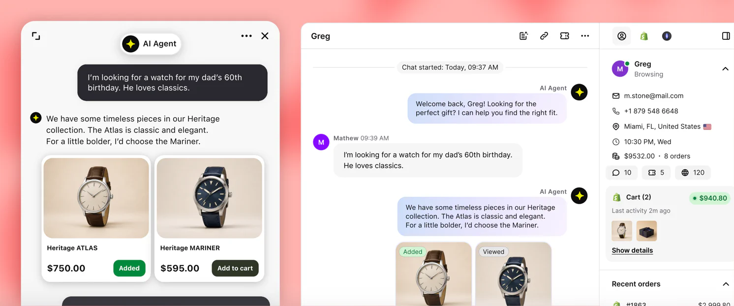 Text AI Agent recommending watches in chat while the Inbox shows the customer profile, cart, and recent orders