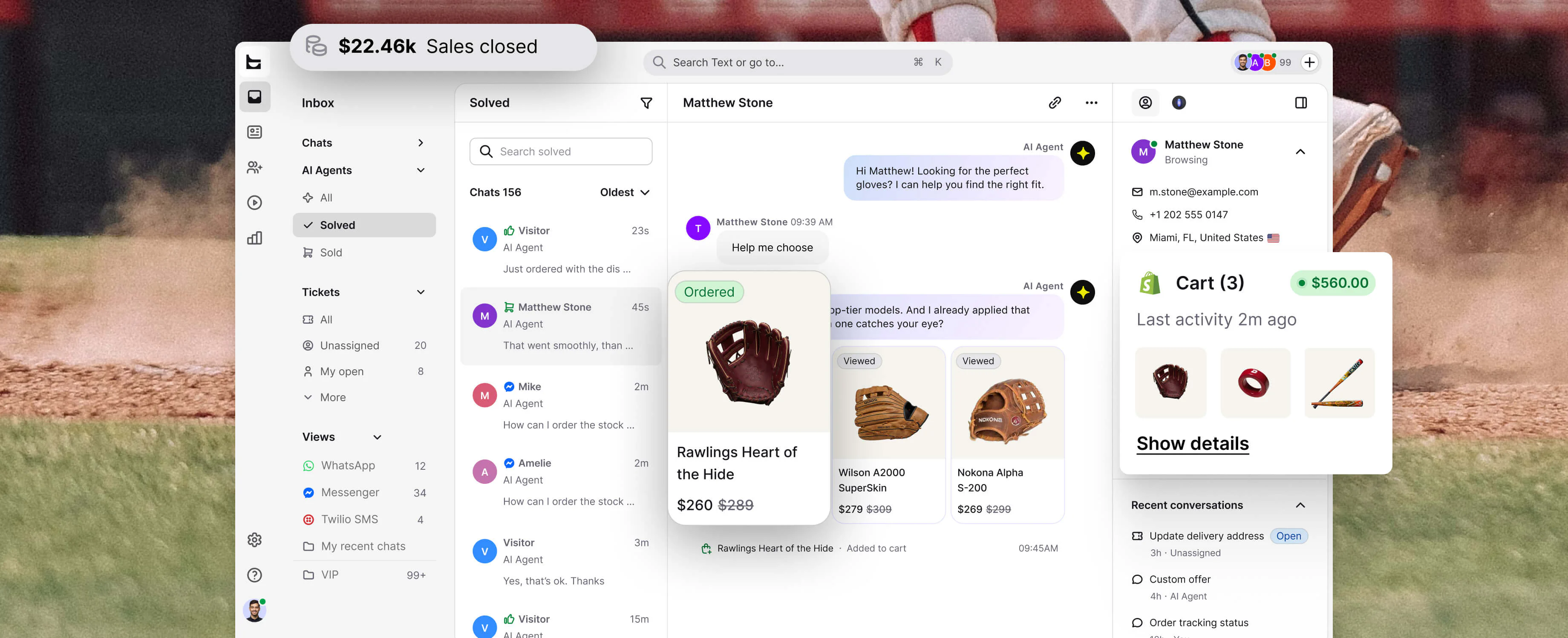 Text Inbox showing an AI Agent conversation, customer context, buying signals, and a completed sale