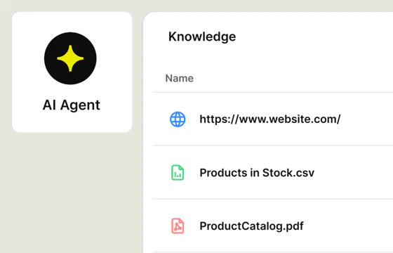 AI Agent knowledge sources: a website, a product stock CSV, and a product catalog PDF
