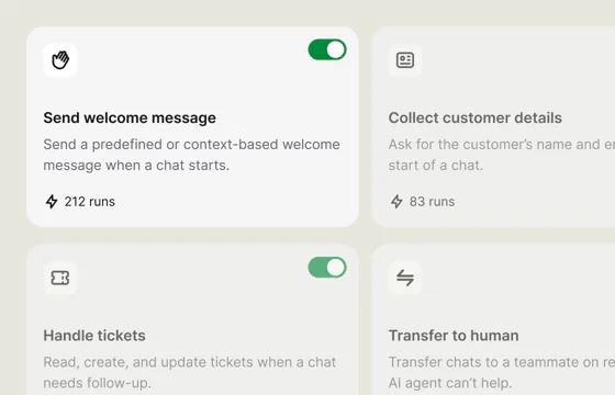 AI Agent Skills for sending a welcome message, collecting customer details, handling tickets, and transferring to a human