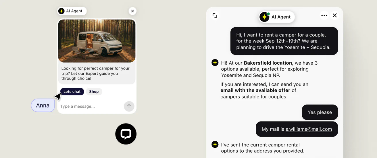 AI Agent in the chat widget answering a camper rental question and collecting the customer's email to send available offers